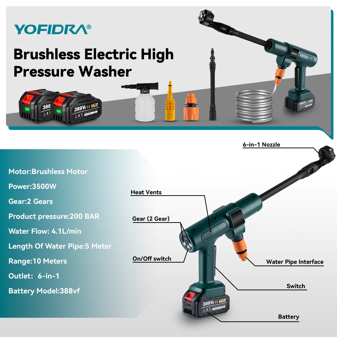 YOFIDRA 200Bar 3500W Brushless Electric High Pressure Washer 6in1 Car Washing Garden Water Spray Gun For Makita 18V Battery Pin YOFIDRA 200Bar 3500W Brushless Electric High Pressure Washer 6in1 Car Washing Garden Water Spray Gun For Makita 18V Battery Pin