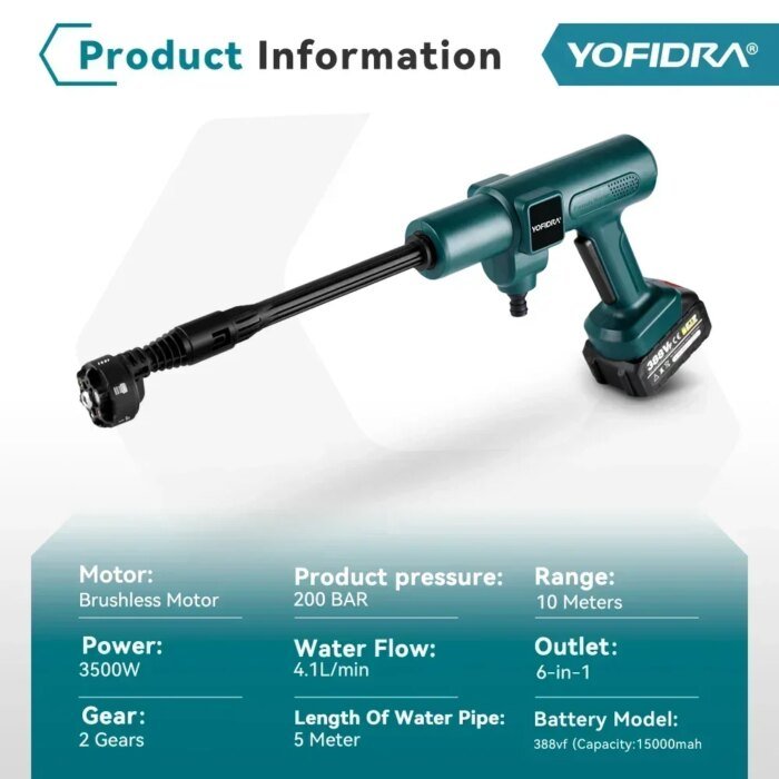 YOFIDRA 200Bar 3500W Brushless Electric High Pressure Washer 6in1 Car Washing Garden Water Spray Gun For Makita 18V Battery Pin - Image 4
