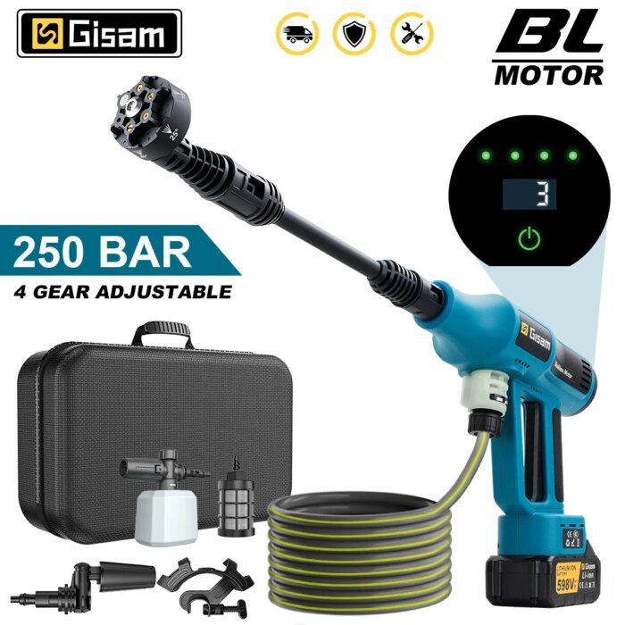 Gisam 250Bar Brushless High Pressure Car Washer Gun 4 Gears Electric Garden Washing Water Spray Gun for Makita 18V Battery Pin - Image 1