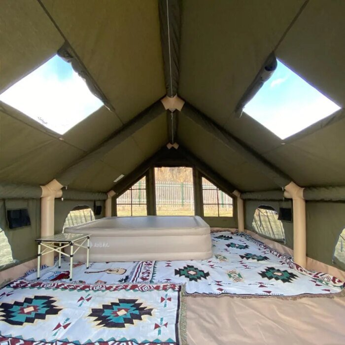 13' x 10' Army Green Inflatable Camping Tent with Tarp,4 Season Air Tent Waterproof Blow Up Tent with Picnic Mat & Fire Blanket - Image 4