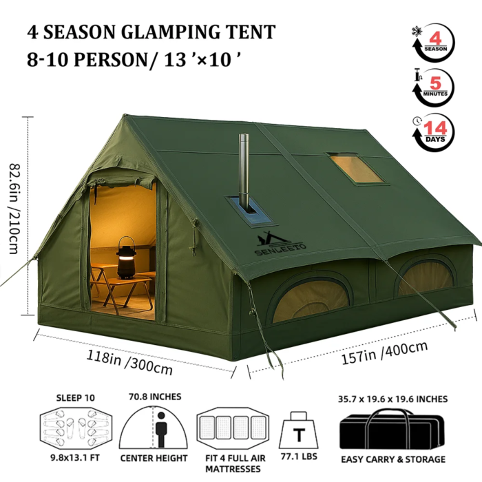 13' x 10' Army Green Inflatable Camping Tent with Tarp,4 Season Air Tent Waterproof Blow Up Tent with Picnic Mat & Fire Blanket - Image 6