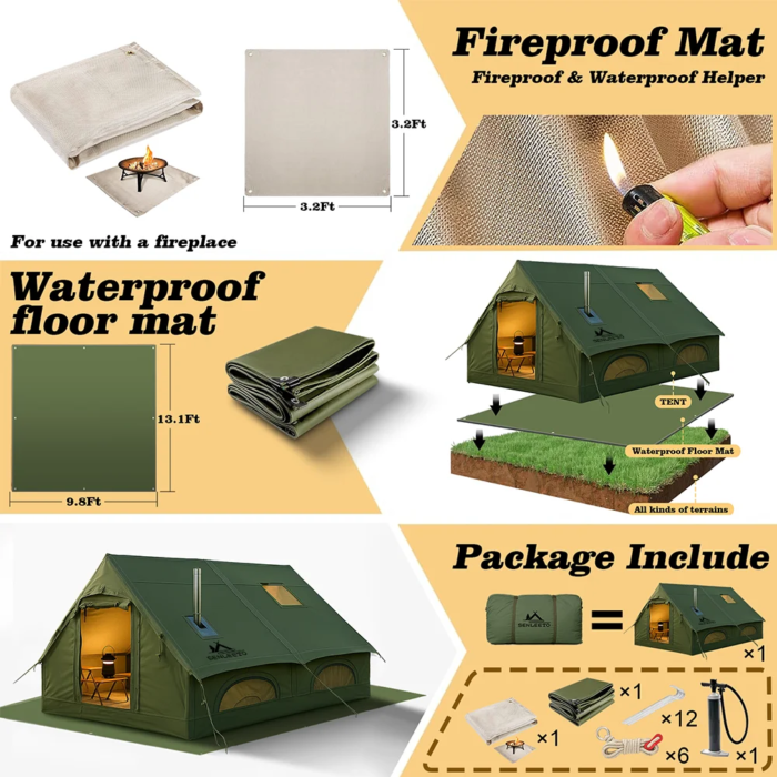 13' x 10' Army Green Inflatable Camping Tent with Tarp,4 Season Air Tent Waterproof Blow Up Tent with Picnic Mat & Fire Blanket - Image 2
