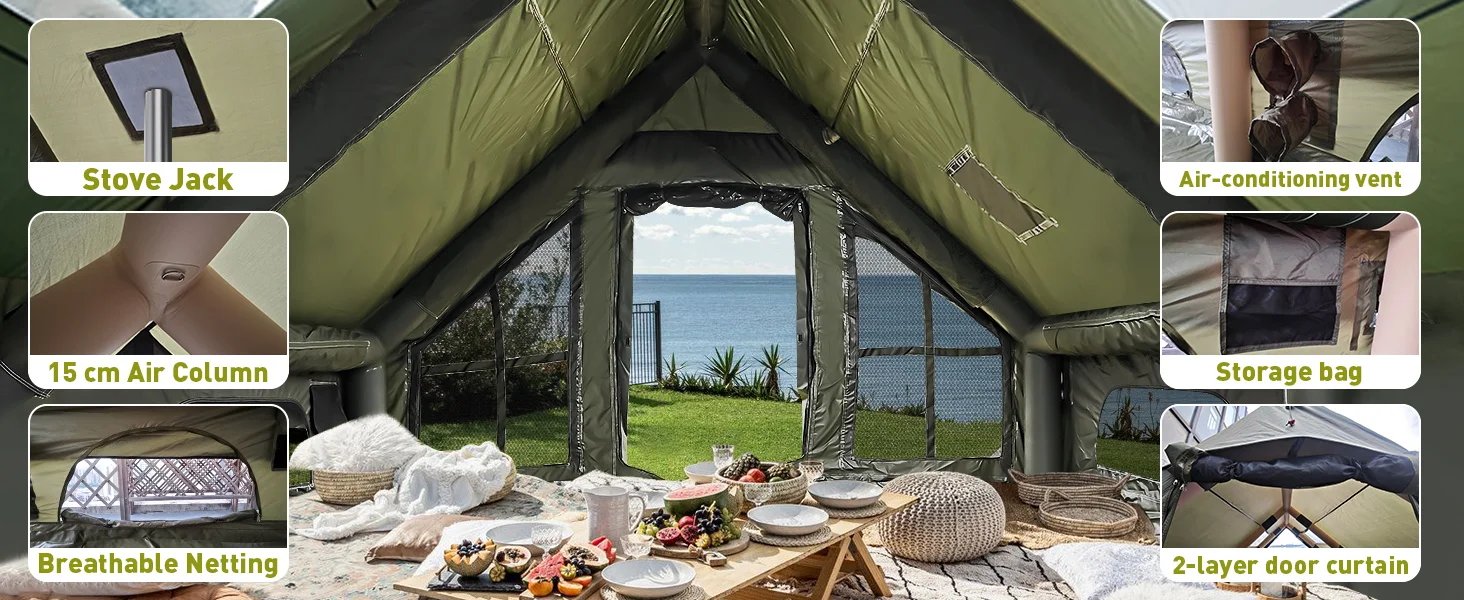 13' x 10' Army Green Inflatable Camping Tent with Tarp,4 Season Air Tent Waterproof Blow Up Tent with Picnic Mat & Fire Blanket