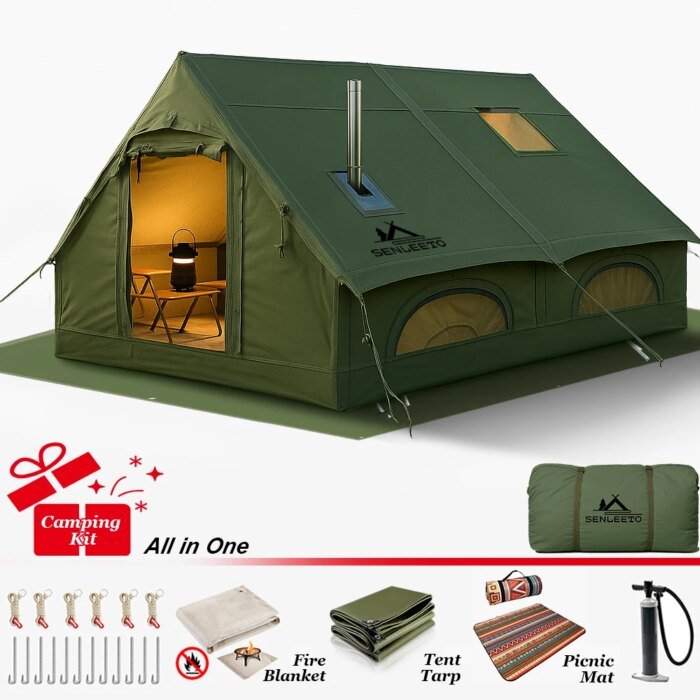 13' x 10' Army Green Inflatable Camping Tent with Tarp,4 Season Air Tent Waterproof Blow Up Tent with Picnic Mat & Fire Blanket - Image 1