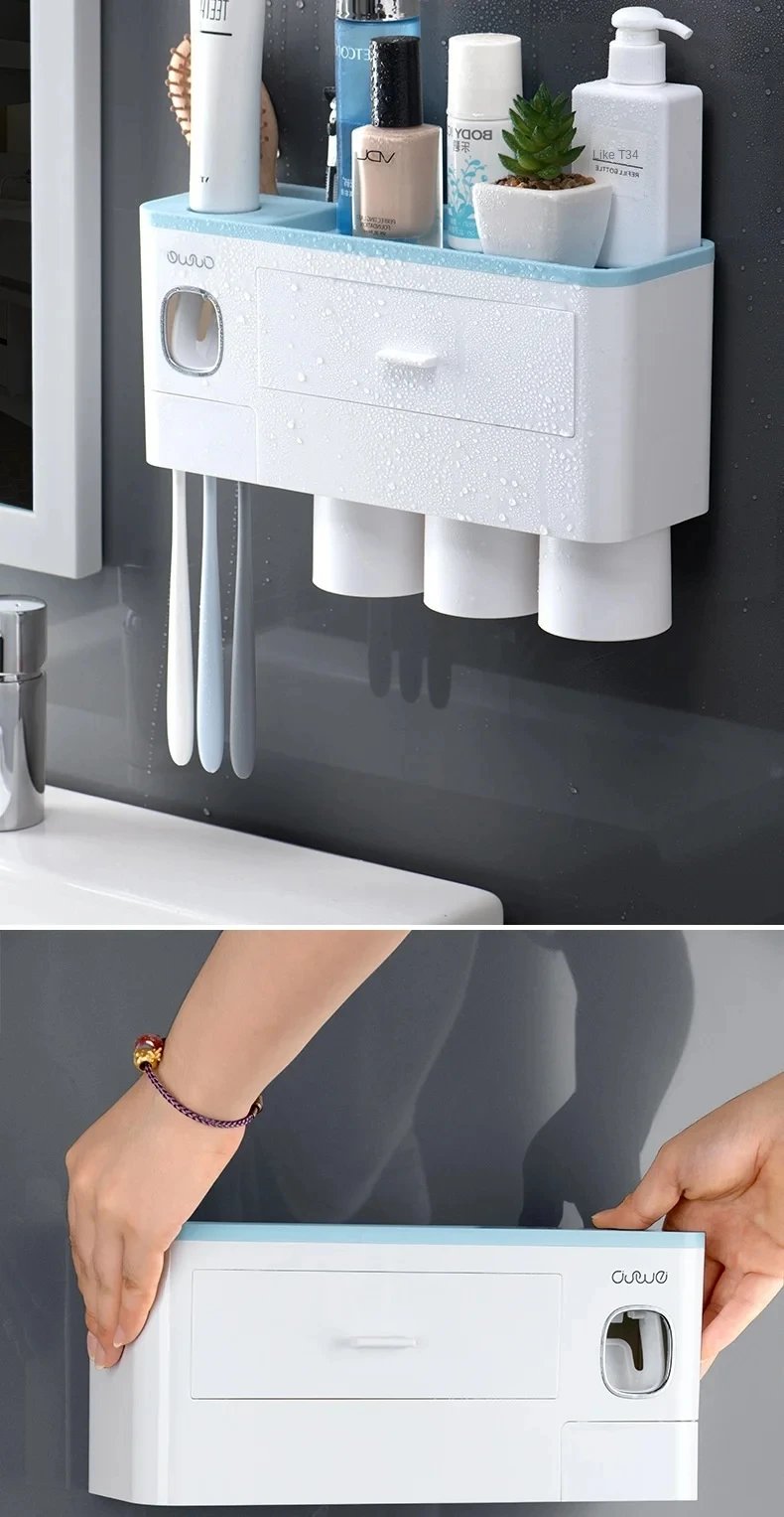 MENGNI Magnetic Adsorption Inverted Toothbrush Holder Wall Automatic Toothpaste Squeezer Storage Rack - Bathroom Accessory MENGNI Magnetic Adsorption Inverted Toothbrush Holder Wall Automatic Toothpaste Squeezer Storage Rack - Bathroom Accessory