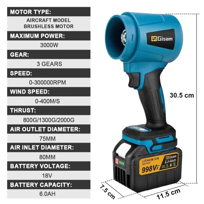 Gisam 30000RPM Brushless Electric Blower 15000RPM Cordless Turbo Fan Air Blower Violent Power Tools for Makita 18V Battery Pin - Image 2