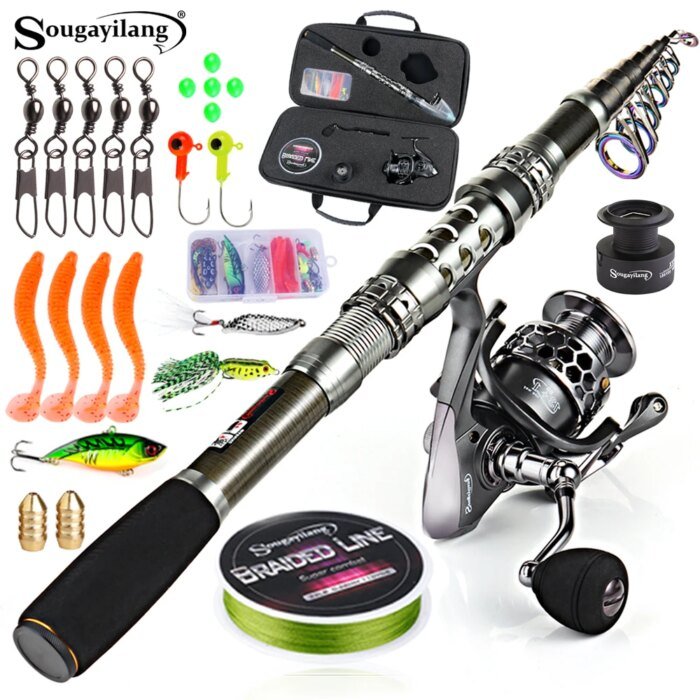 Sougayilang 1.8-2.7m Telescopic Pole and 5.1:1 High-Speed Gear Ratio Aluminim Spool Fishing Reel with Fishing Line Lure Bag Kit - Image 1
