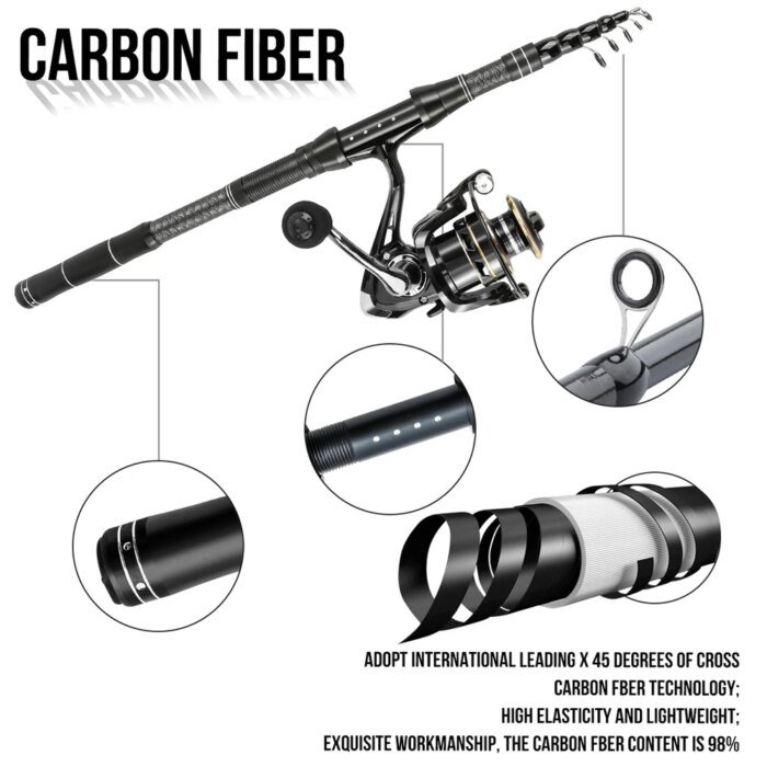 Carbon Travel Spinning Combo 1.8m-2.1m - 5.2:1 Reel, Collapsible Saltwater/Lure Rod with Spinning Reel Ultra-Light Fishing Kit - Image 2
