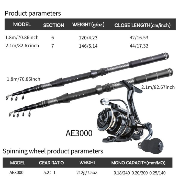 Carbon Travel Spinning Combo 1.8m-2.1m - 5.2:1 Reel, Collapsible Saltwater/Lure Rod with Spinning Reel Ultra-Light Fishing Kit - Image 3