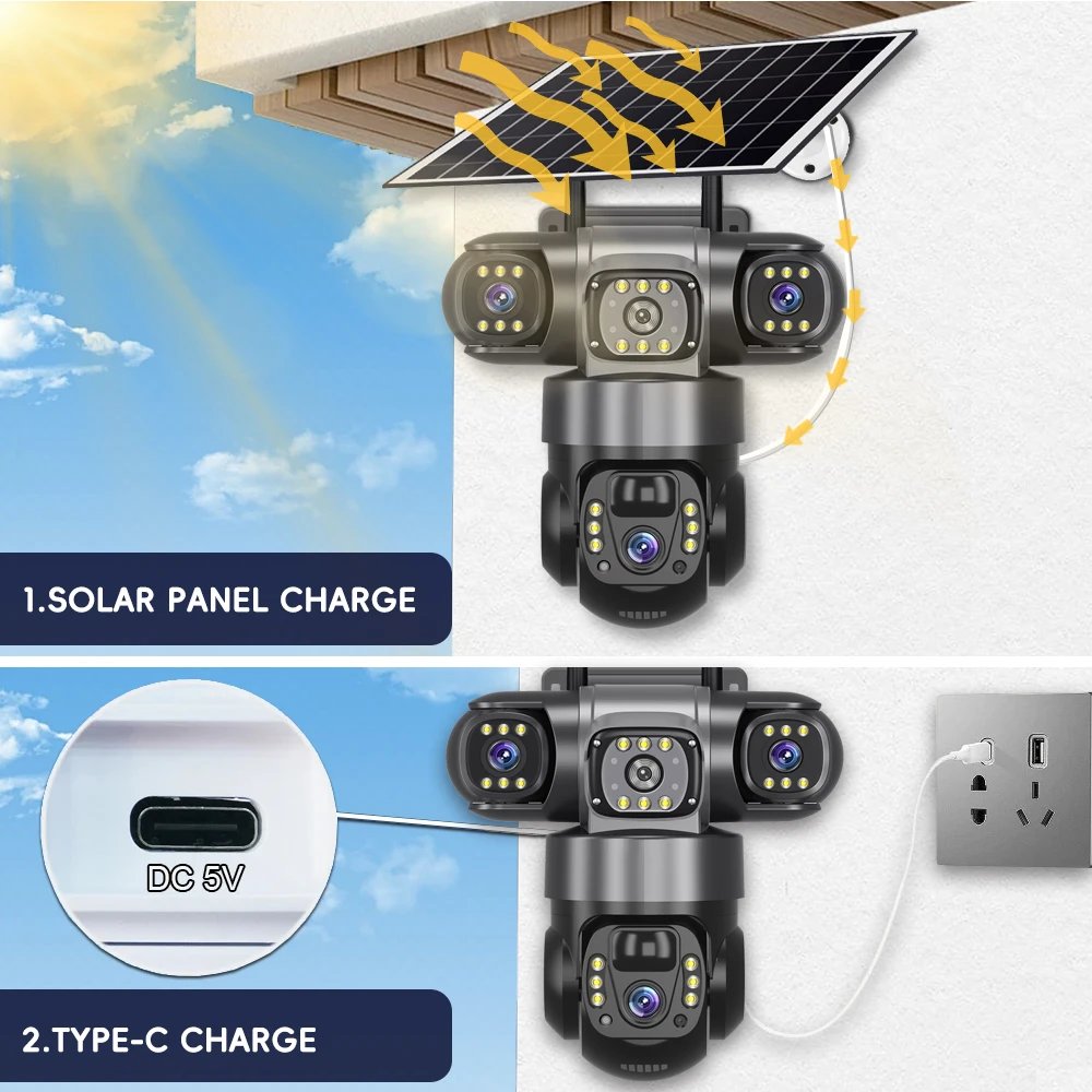 V380 Pro 3 Lens IP Solar Camera HD 15 MP Outdoor Waterproof CCTV Night Vision Two-Way Audio Camera Mobile Tracking 4G IP Camera