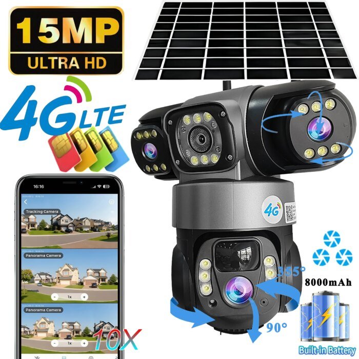 V380 Pro 3 Lens  IP Solar Camera HD 15 MP Outdoor Waterproof CCTV Night Vision Two-Way Audio Camera Mobile Tracking 4G IP Camera - Image 1