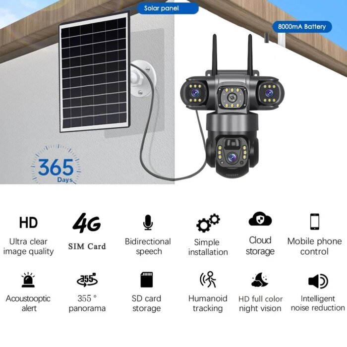 V380 Pro 3 Lens  IP Solar Camera HD 15 MP Outdoor Waterproof CCTV Night Vision Two-Way Audio Camera Mobile Tracking 4G IP Camera - Image 2