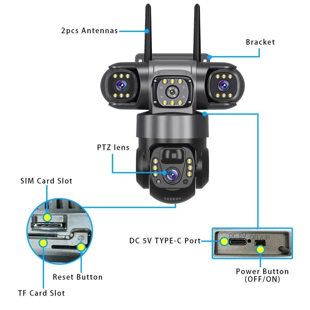 V380 Pro 3 Lens IP Solar Camera HD 15 MP Outdoor Waterproof CCTV Night Vision Two-Way Audio Camera Mobile Tracking 4G IP Camera