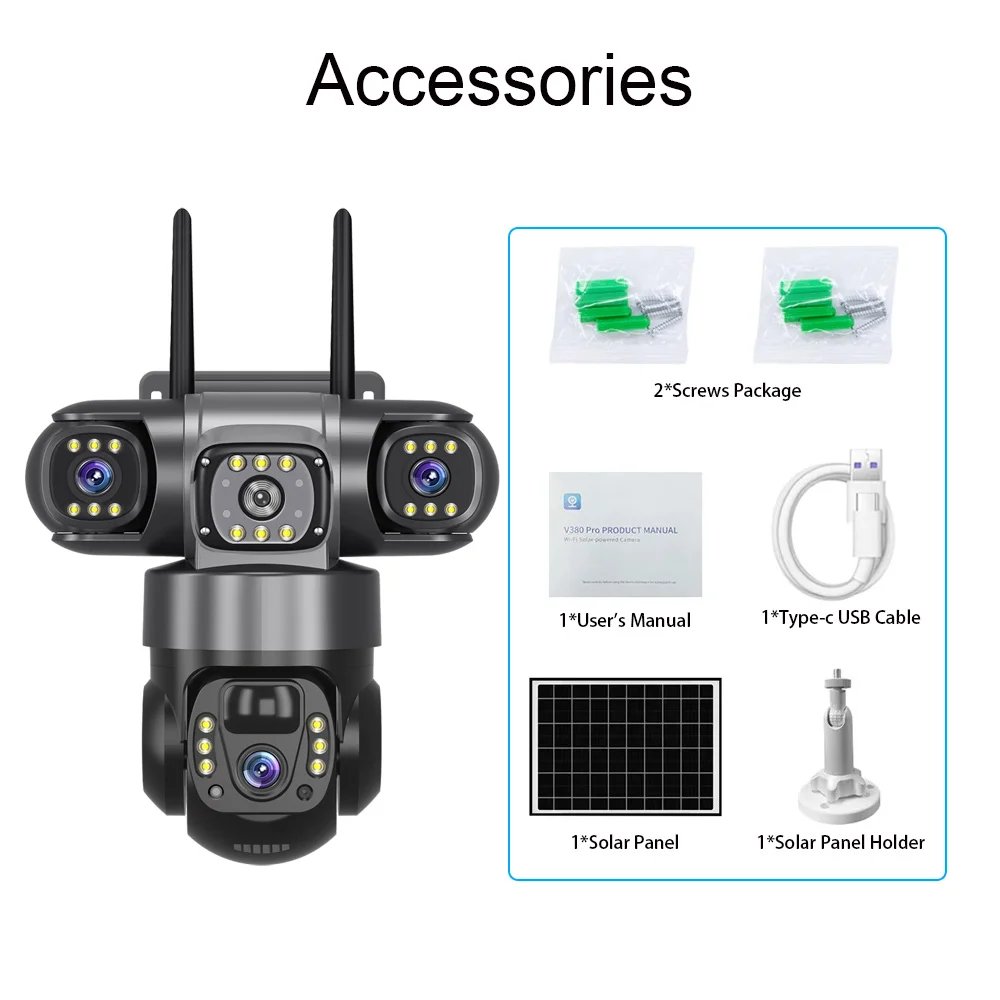 V380 Pro 3 Lens IP Solar Camera HD 15 MP Outdoor Waterproof CCTV Night Vision Two-Way Audio Camera Mobile Tracking 4G IP Camera