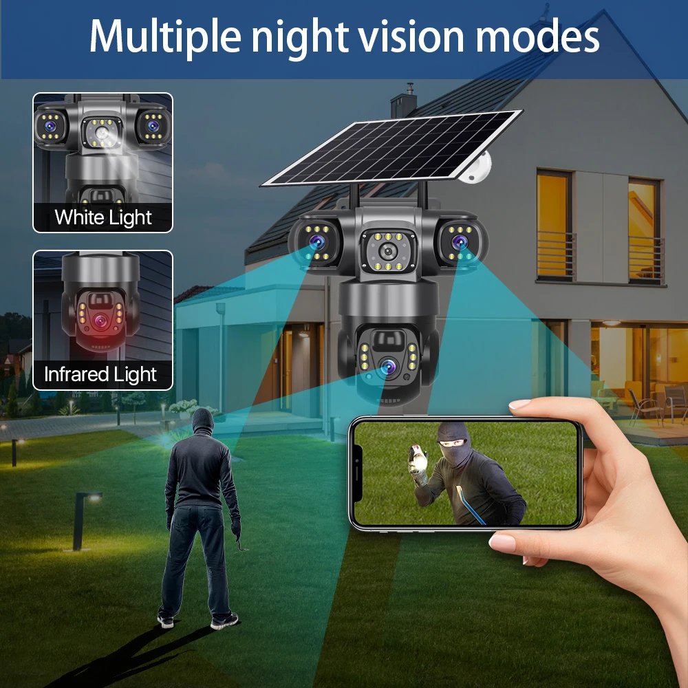 V380 Pro 3 Lens IP Solar Camera HD 15 MP Outdoor Waterproof CCTV Night Vision Two-Way Audio Camera Mobile Tracking 4G IP Camera