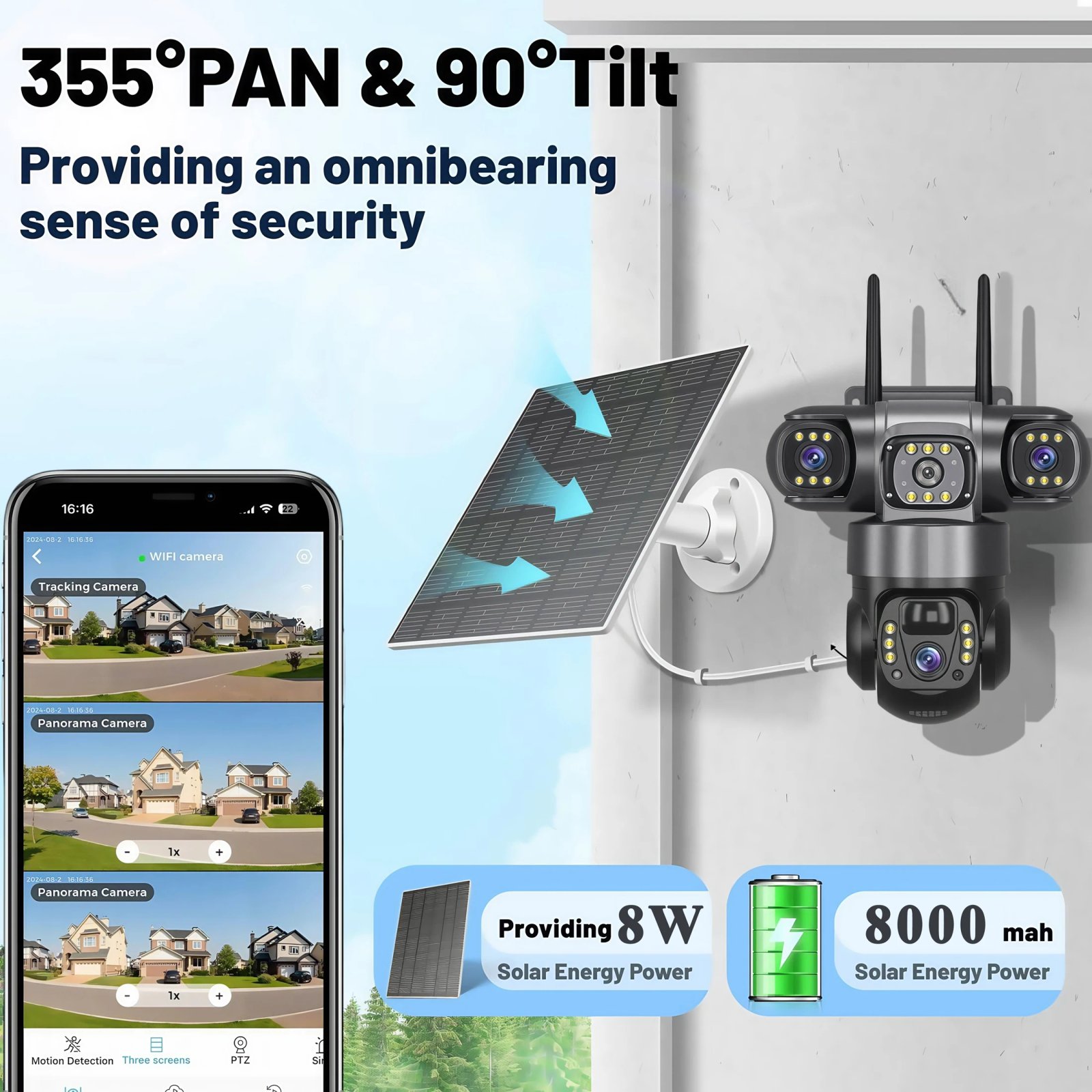 V380 Pro 3 Lens IP Solar Camera HD 15 MP Outdoor Waterproof CCTV Night Vision Two-Way Audio Camera Mobile Tracking 4G IP Camera