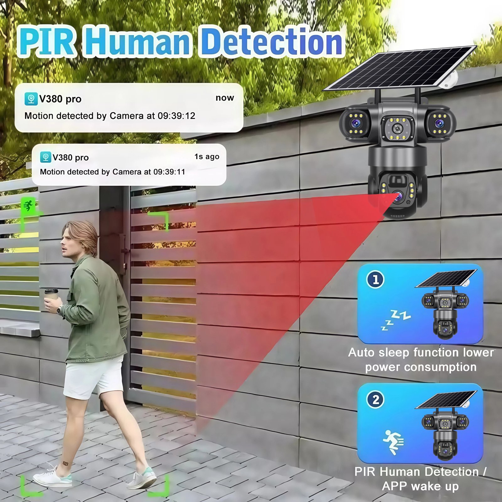 V380 Pro 3 Lens IP Solar Camera HD 15 MP Outdoor Waterproof CCTV Night Vision Two-Way Audio Camera Mobile Tracking 4G IP Camera