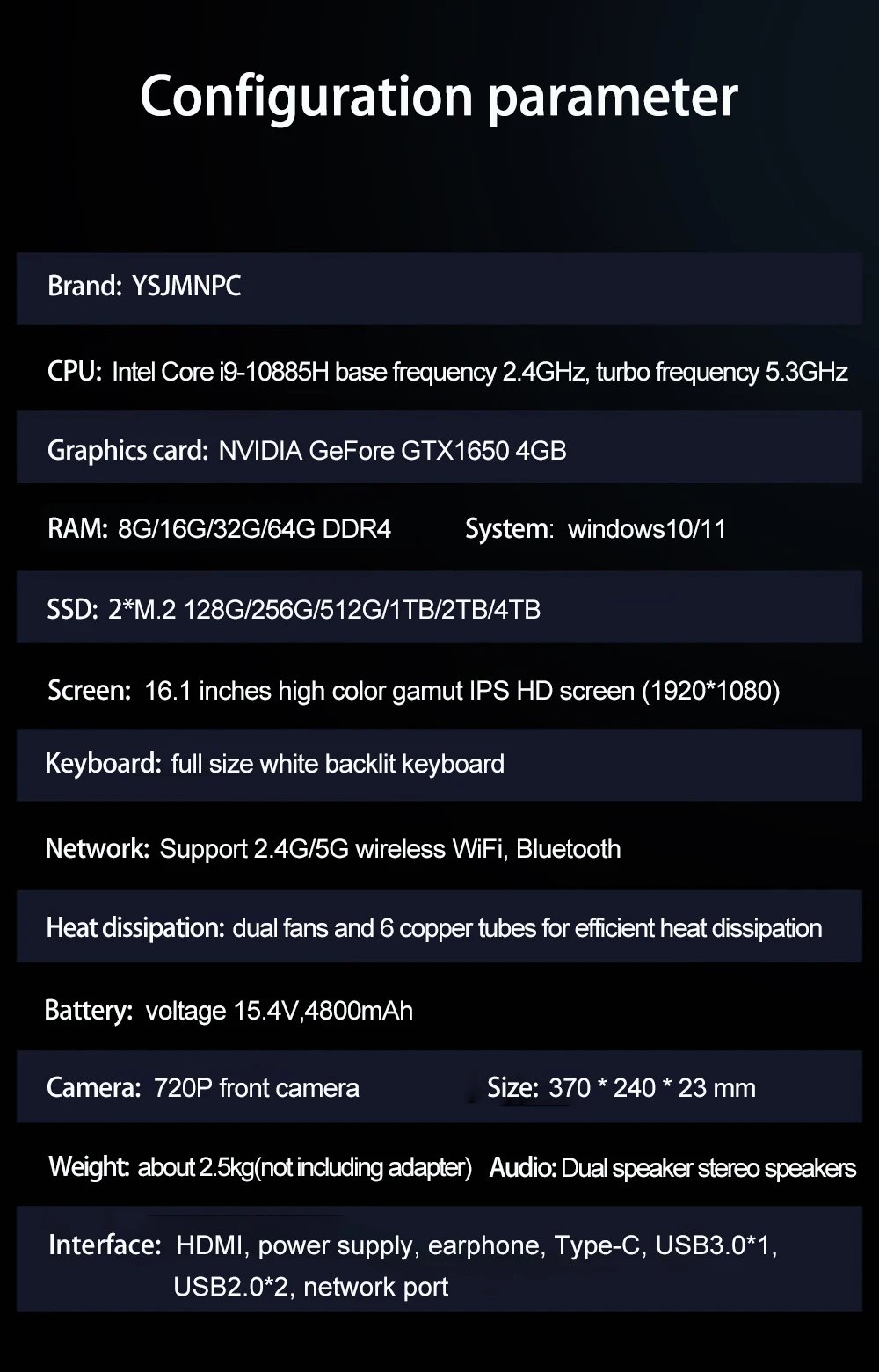 16.1 Inch Gaming Laptop Computer RTX4050 6G Intel Core i9-12900H i9-10885H windows11 RAM Max 64GB DDR4 2*M.2 NVME 4TB SSD WiFi
