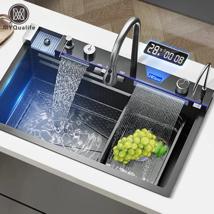 304 Stainless Steel Waterfall Kitchen Sink Large Single Slot Integrated Digital Display Faucet Set Soap Dispenser Cup Washer - Image 1