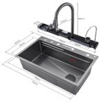 304 Stainless Steel Waterfall Kitchen Sink Large Single Slot Integrated Digital Display Faucet Set Soap Dispenser Cup Washer - Image 6
