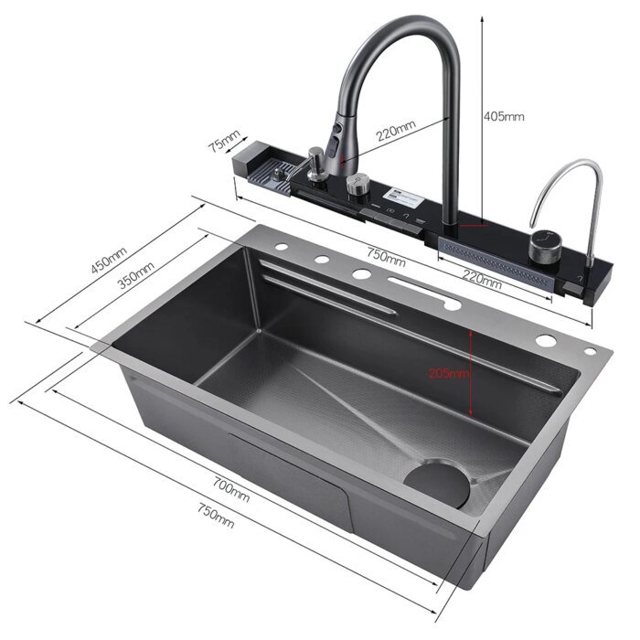 304 Stainless Steel Waterfall Kitchen Sink Large Single Slot Integrated Digital Display Faucet Set Soap Dispenser Cup Washer - Image 6