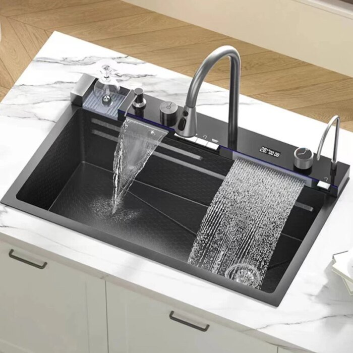 304 Stainless Steel Kitchen Sink With Digital Display Waterfall Faucet, Multifunctional 75*45Cm Large Single Slot Whale Sink - Image 2