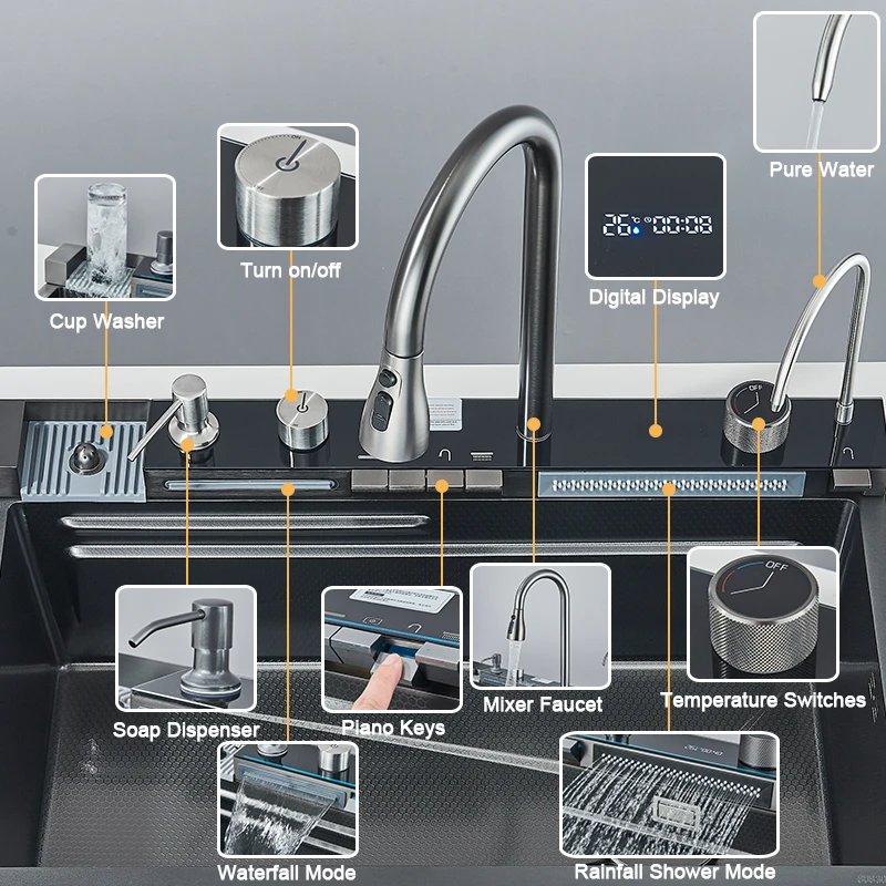 304 Stainless Steel Kitchen Sink With Digital Display Waterfall Faucet, Multifunctional 75*45Cm Large Single Slot Whale Sink 304 Stainless Steel Kitchen Sink With Digital Display Waterfall Faucet, Multifunctional 75*45Cm Large Single Slot Whale Sink