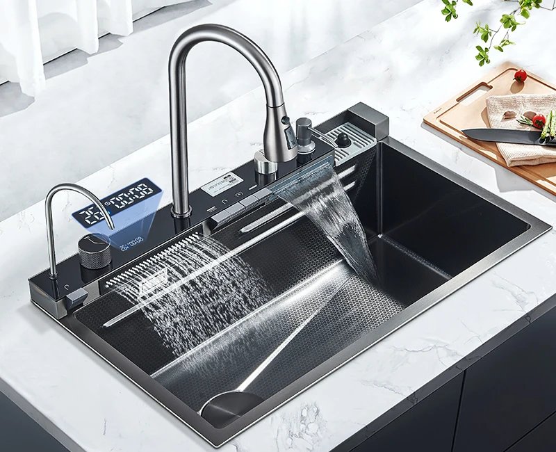 304 Stainless Steel Kitchen Sink With Digital Display Waterfall Faucet, Multifunctional 75*45Cm Large Single Slot Whale Sink 304 Stainless Steel Kitchen Sink With Digital Display Waterfall Faucet, Multifunctional 75*45Cm Large Single Slot Whale Sink