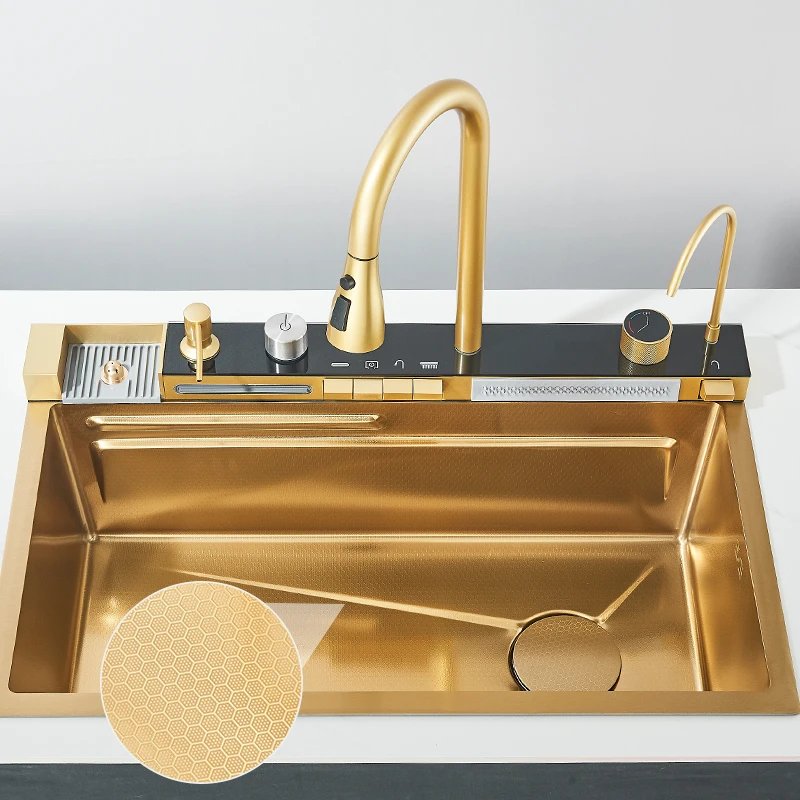 304 Stainless Steel Kitchen Sink With Digital Display Waterfall Faucet, Multifunctional 75*45Cm Large Single Slot Whale Sink 304 Stainless Steel Kitchen Sink With Digital Display Waterfall Faucet, Multifunctional 75*45Cm Large Single Slot Whale Sink