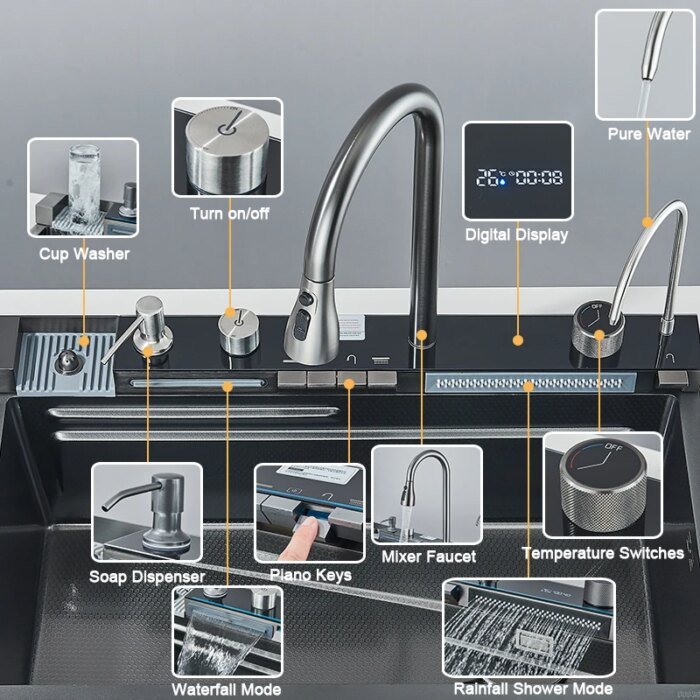 304 Stainless Steel Kitchen Sink With Digital Display Waterfall Faucet, Multifunctional 75*45Cm Large Single Slot Whale Sink - Image 5
