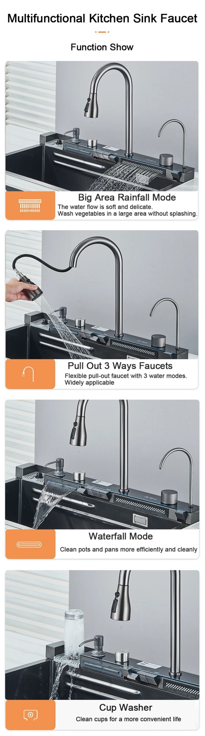 304 Stainless Steel Kitchen Sink With Digital Display Waterfall Faucet, Multifunctional 75*45Cm Large Single Slot Whale Sink 304 Stainless Steel Kitchen Sink With Digital Display Waterfall Faucet, Multifunctional 75*45Cm Large Single Slot Whale Sink