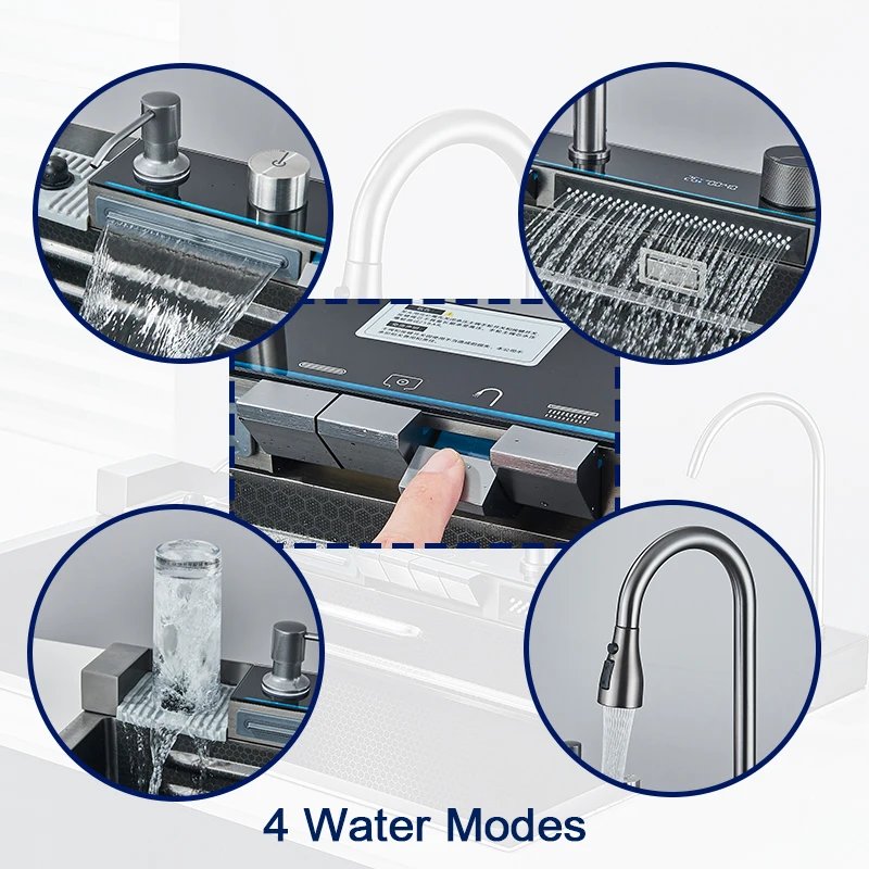 304 Stainless Steel Kitchen Sink With Digital Display Waterfall Faucet, Multifunctional 75*45Cm Large Single Slot Whale Sink 304 Stainless Steel Kitchen Sink With Digital Display Waterfall Faucet, Multifunctional 75*45Cm Large Single Slot Whale Sink