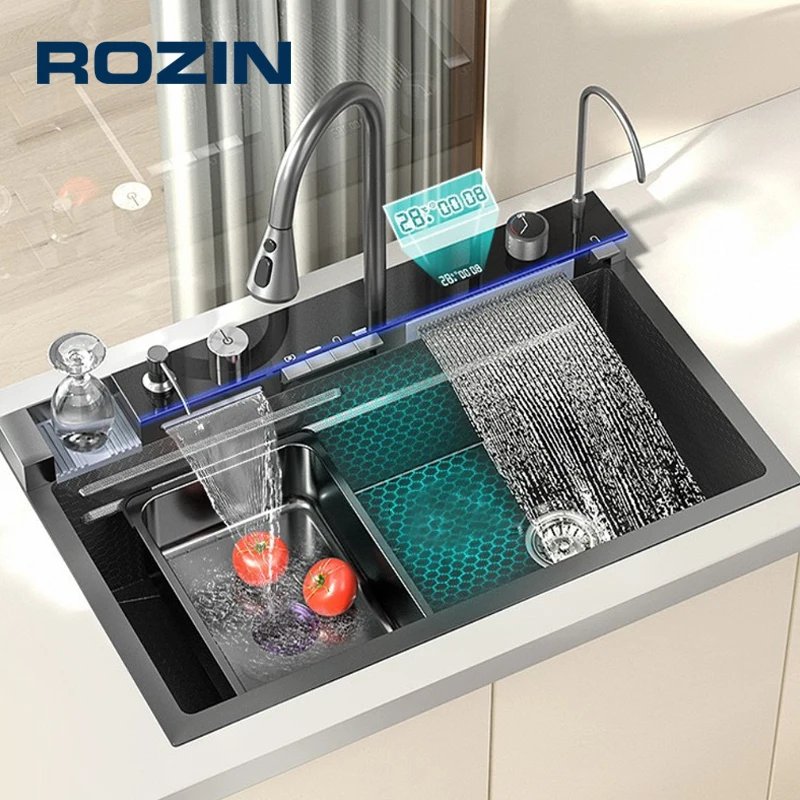 304 Stainless Steel Kitchen Sink With Digital Display Waterfall Faucet, Multifunctional 75*45Cm Large Single Slot Whale Sink 304 Stainless Steel Kitchen Sink With Digital Display Waterfall Faucet, Multifunctional 75*45Cm Large Single Slot Whale Sink