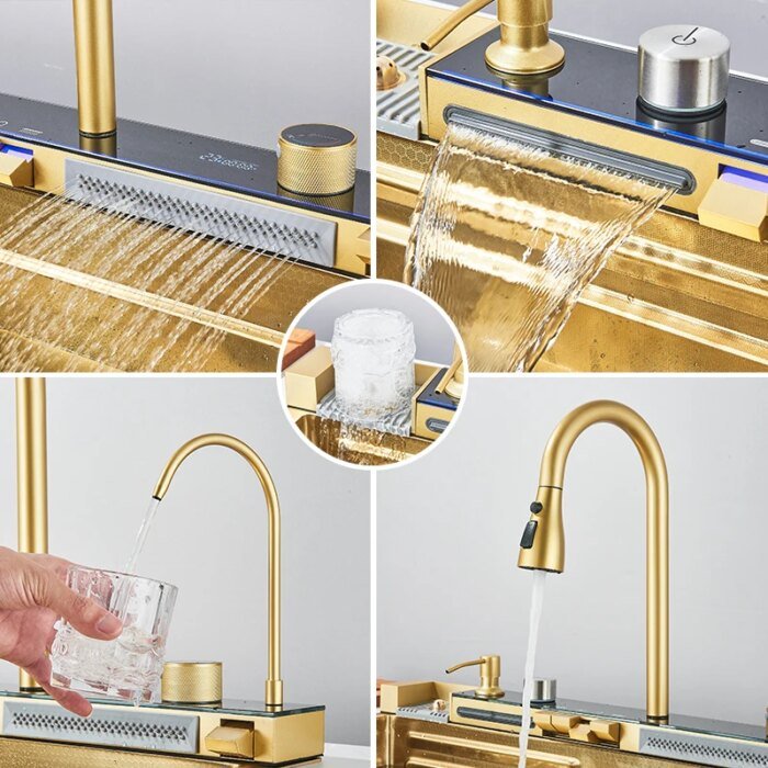 304 Stainless Steel Kitchen Sink With Digital Display Waterfall Faucet, Multifunctional 75*45Cm Large Single Slot Whale Sink - Image 4