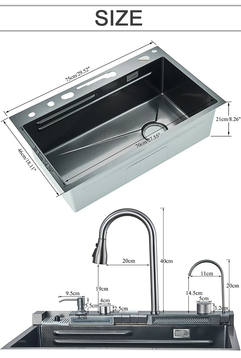 304 Stainless Steel Kitchen Sink With Digital Display Waterfall Faucet, Multifunctional 75*45Cm Large Single Slot Whale Sink 304 Stainless Steel Kitchen Sink With Digital Display Waterfall Faucet, Multifunctional 75*45Cm Large Single Slot Whale Sink