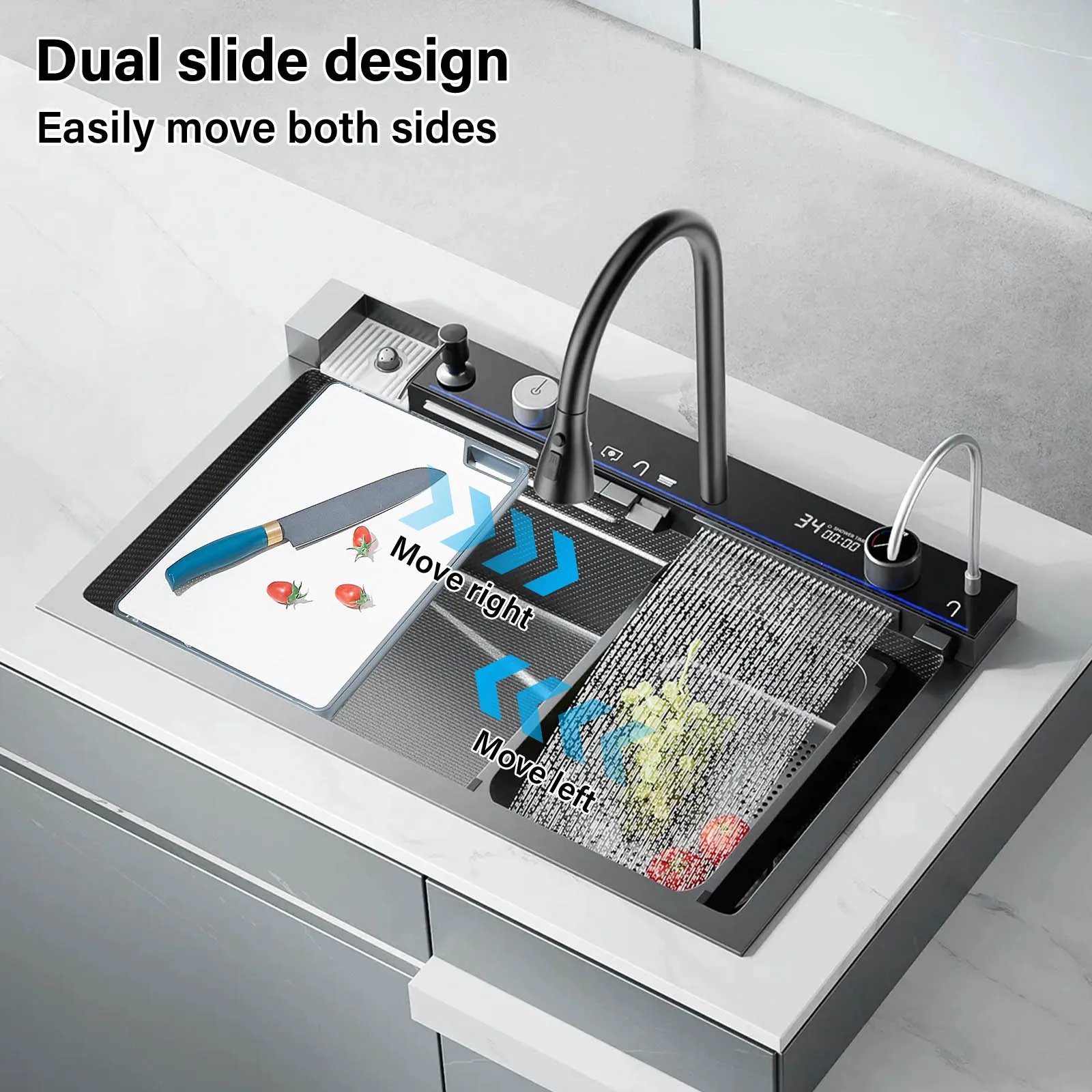 304 Stainless Steel Kitchen Sink With Digital Display Waterfall Faucet, Multifunctional 75*45Cm Large Single Slot Whale Sink 304 Stainless Steel Kitchen Sink With Digital Display Waterfall Faucet, Multifunctional 75*45Cm Large Single Slot Whale Sink