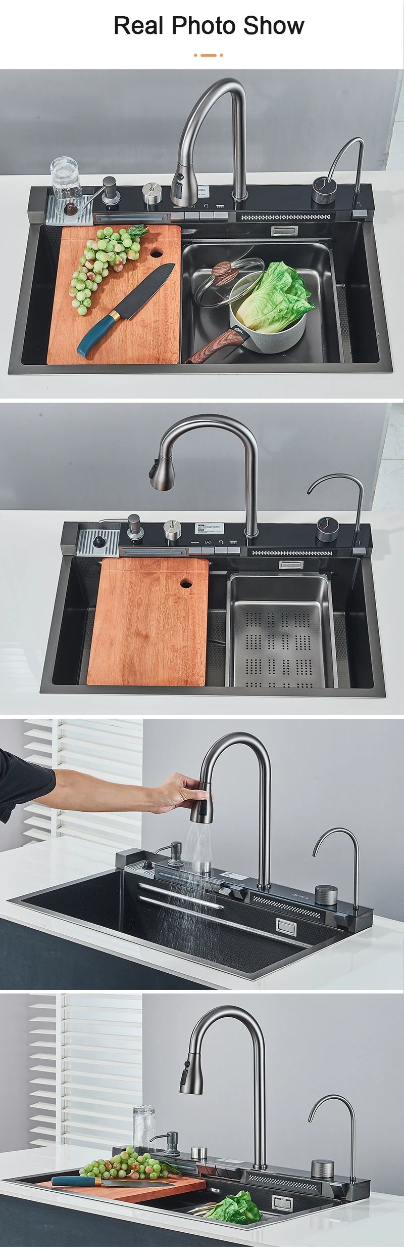 304 Stainless Steel Kitchen Sink With Digital Display Waterfall Faucet, Multifunctional 75*45Cm Large Single Slot Whale Sink 304 Stainless Steel Kitchen Sink With Digital Display Waterfall Faucet, Multifunctional 75*45Cm Large Single Slot Whale Sink