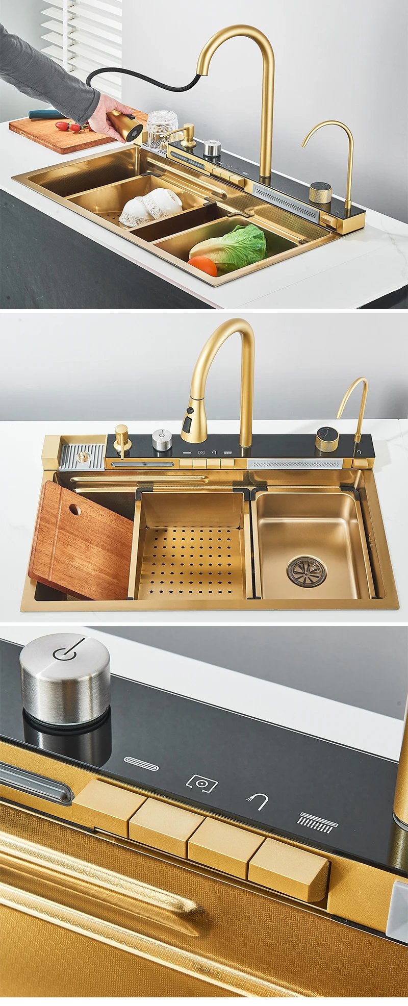 304 Stainless Steel Kitchen Sink With Digital Display Waterfall Faucet, Multifunctional 75*45Cm Large Single Slot Whale Sink 304 Stainless Steel Kitchen Sink With Digital Display Waterfall Faucet, Multifunctional 75*45Cm Large Single Slot Whale Sink