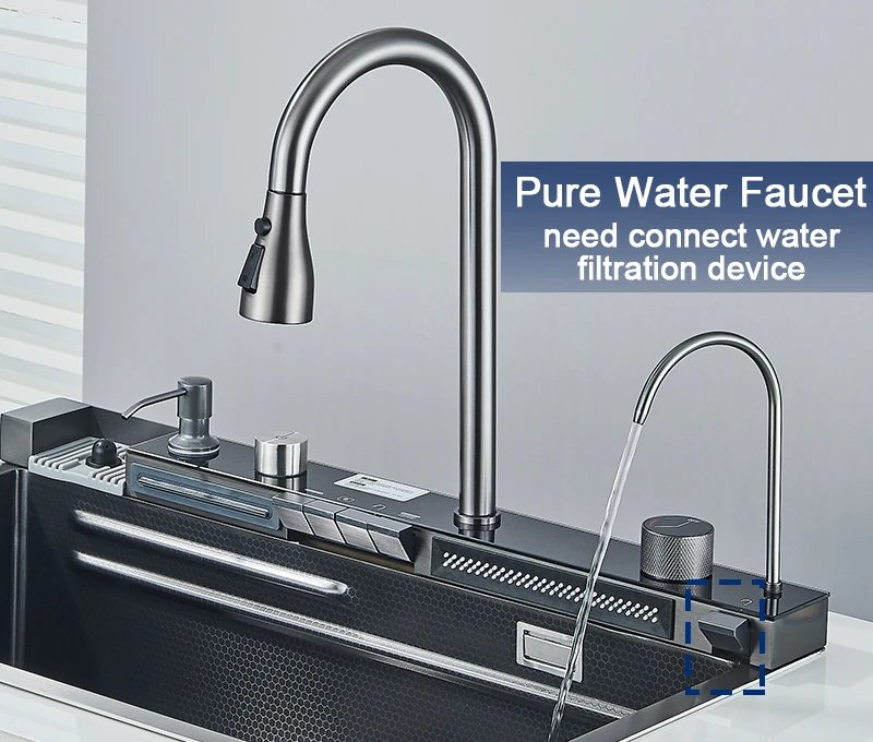 304 Stainless Steel Kitchen Sink With Digital Display Waterfall Faucet, Multifunctional 75*45Cm Large Single Slot Whale Sink 304 Stainless Steel Kitchen Sink With Digital Display Waterfall Faucet, Multifunctional 75*45Cm Large Single Slot Whale Sink