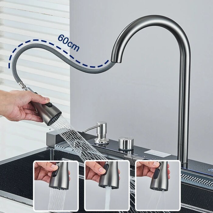 304 Stainless Steel Kitchen Sink With Digital Display Waterfall Faucet, Multifunctional 75*45Cm Large Single Slot Whale Sink - Image 6