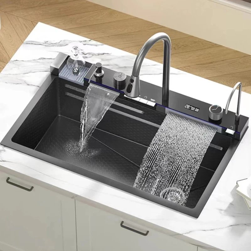 304 Stainless Steel Kitchen Sink With Digital Display Waterfall Faucet, Multifunctional 75*45Cm Large Single Slot Whale Sink 304 Stainless Steel Kitchen Sink With Digital Display Waterfall Faucet, Multifunctional 75*45Cm Large Single Slot Whale Sink