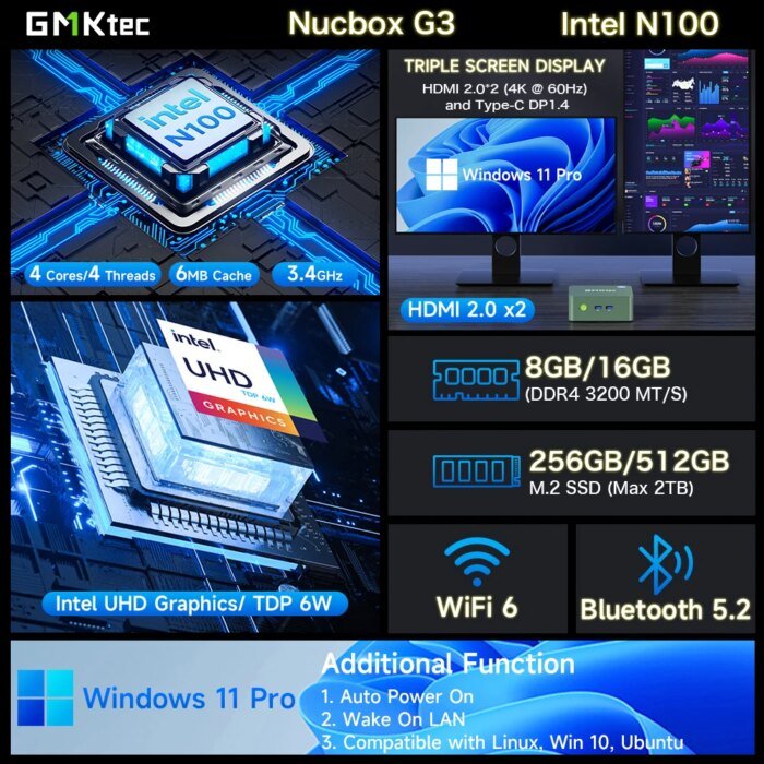 GMKtec G3 Mini PC Intel Alder Lake N100 Windows 11 Pro Mini PC 8/16GB DDR4 256/512GB PCIe M.2 SSD WiFi 6 BT5.2 Desktop Computer - Image 2