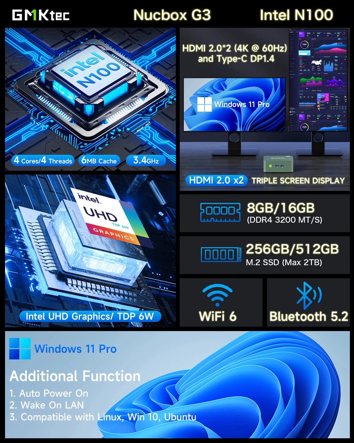 GMKtec G3 Mini PC Intel Alder Lake N100 Windows 11 Pro Mini PC 8/16GB DDR4 256/512GB PCIe M.2 SSD WiFi 6 BT5.2 Desktop Computer
