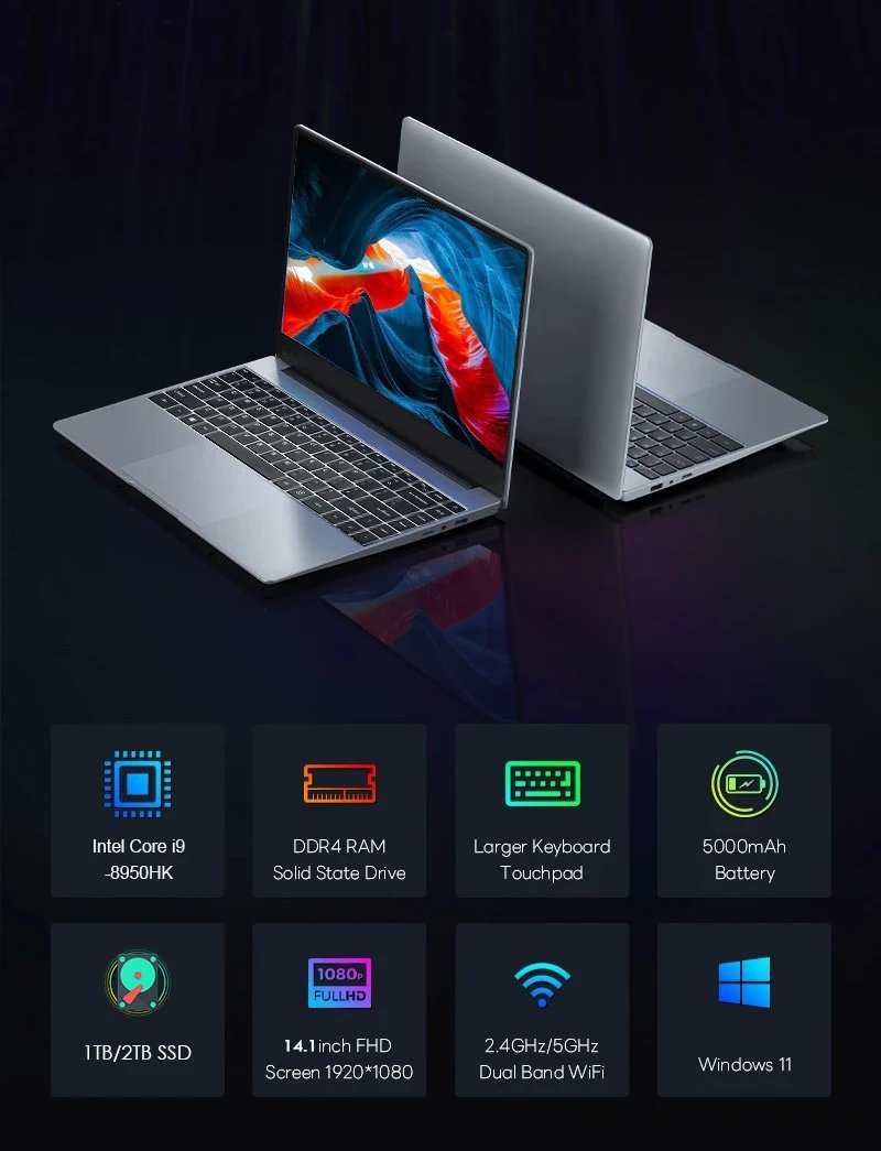 14.1'' Laptop Computer Windows 11 pro Intel Core i9 8950HK 16GB DDR4 1TB 2TB SSD Laptop Office Study Gaming Notebook PC Computer