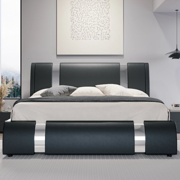 Hoomic Modern Faux Leather Bed Frame With Iron Pieces Decor, Low Profile Platform Bed With Height-Adjustable Headboard - Image 1