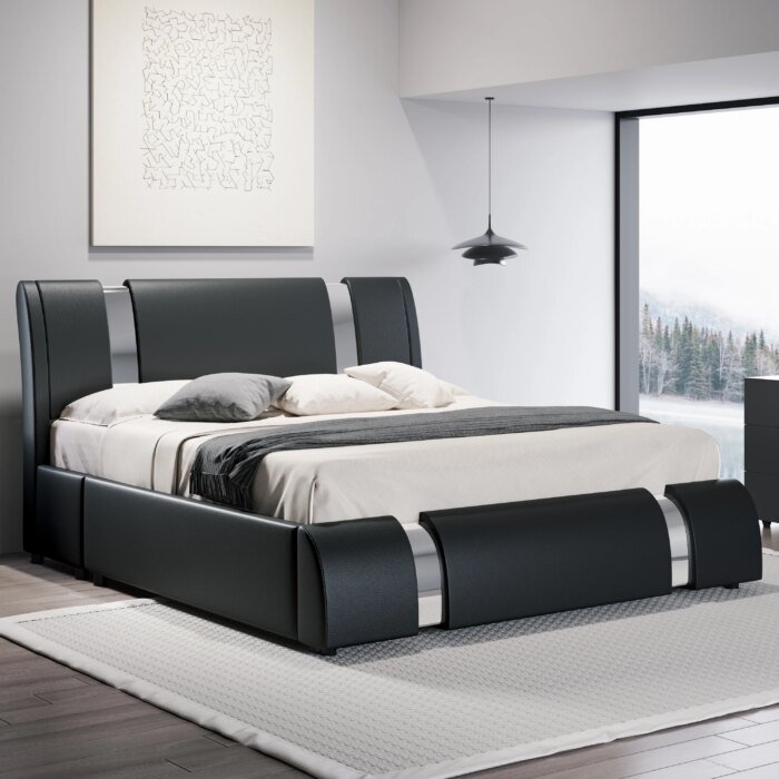 Hoomic Modern Faux Leather Bed Frame With Iron Pieces Decor, Low Profile Platform Bed With Height-Adjustable Headboard - Image 2