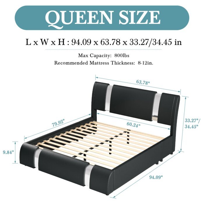 Hoomic Modern Faux Leather Bed Frame With Iron Pieces Decor, Low Profile Platform Bed With Height-Adjustable Headboard - Image 6