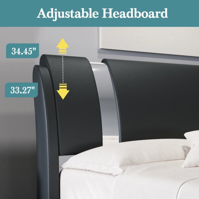 Hoomic Modern Faux Leather Bed Frame With Iron Pieces Decor, Low Profile Platform Bed With Height-Adjustable Headboard - Image 3