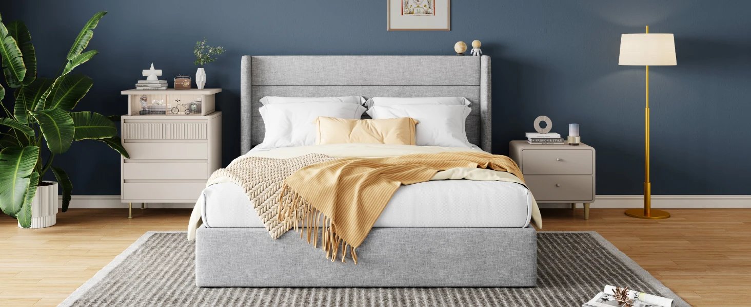 HOOMIC Lift Up Storage Bed with Wingback Headboard/Heavy-Duty Hydraulic Bed/Large Underneath Storage Allewie