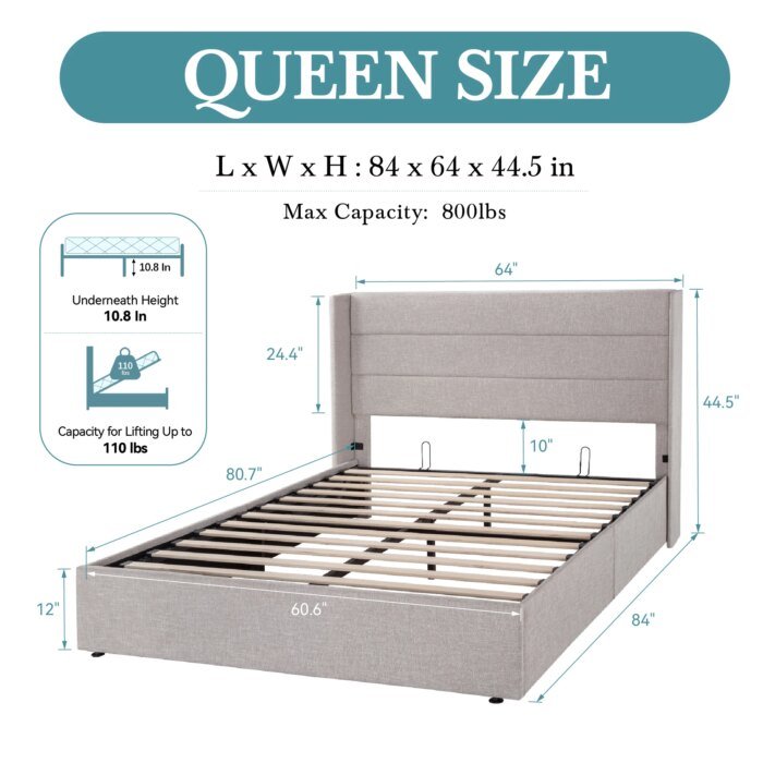 Hoomic Lift Up Storage Bed With Wingback Headboard/Heavy-Duty Hydraulic Bed/Large Underneath Storage Allewie - Image 6